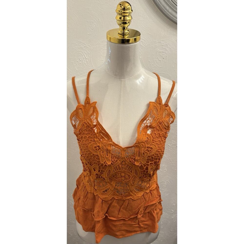 Moa Moa Burnt Orange Strappy Tank Top Cami Lace Size XL Smocked Built In Bra